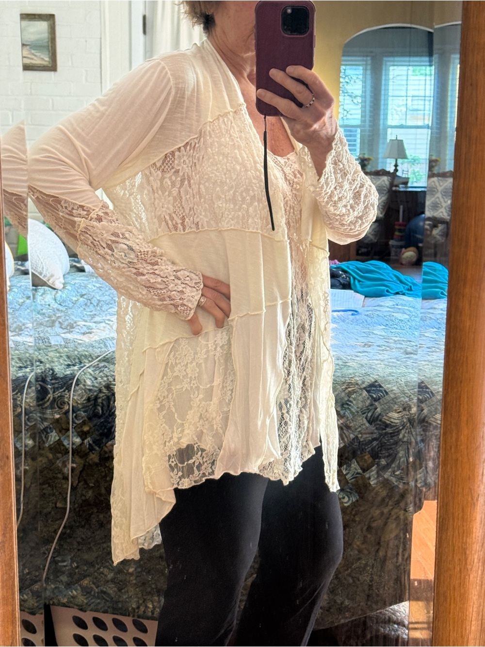 Lace & Knit Cascade Open-Front Women's Top - Cream - Picture 3 of 5